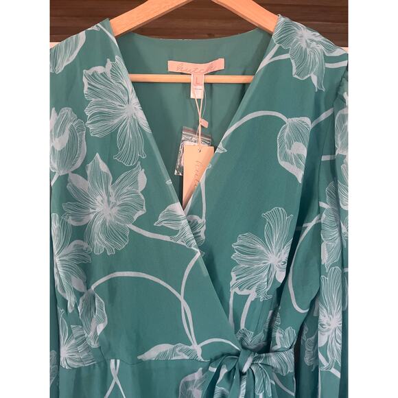 New Hutch Robyn Wrap Dress Long Sleeve V-neck Midi Teal and White Floral Large - Picture 6 of 12